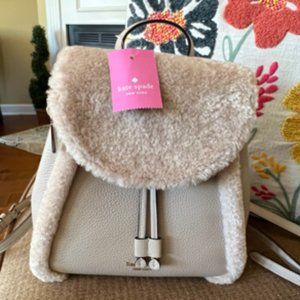 NWT Kate Spade Medium Flap Backpack Faux Shearling-Light Sand